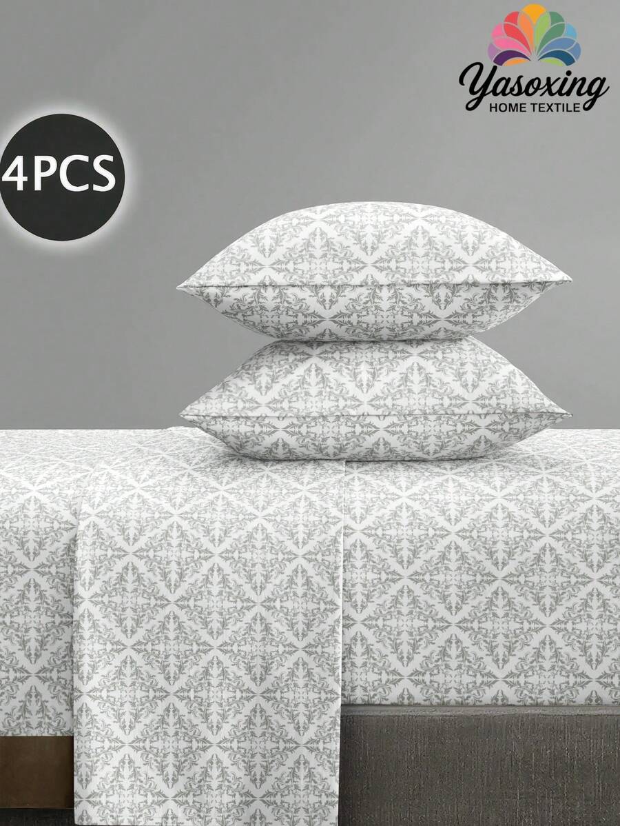 4pcs/Set Green Geometric Plaid Paisley Pattern Sheet Set Easy Care Microfiber Soft Bedding Set Floral Fitted Sheet Set (1pc Flat Sheet+1pc Fitted Sheet+2pcs Pillowcases)Fitted Sheet Set King Queen Full TWIN SIZE Sheet Deep Pocket Up To 11.8 Inch Pillowcase, Soft Breathable Wrinkle-Free Better For Sleep, Luxury Hotel Style, Gift For Mom Dad Friend Domitory Bedding Back School Bedding