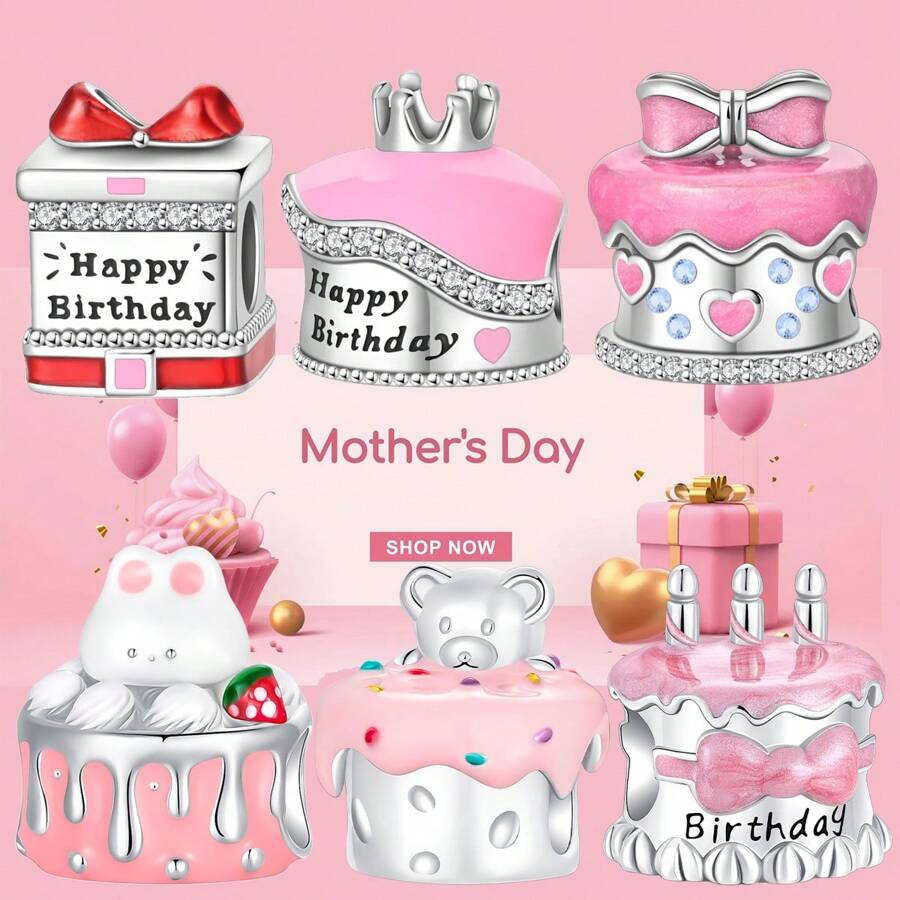 Silver Plated Charm Pink Bow Crown Candle Happy Birthday Cake Series Charm Bead Is Suitable For Diy Female Bracelet Pendants