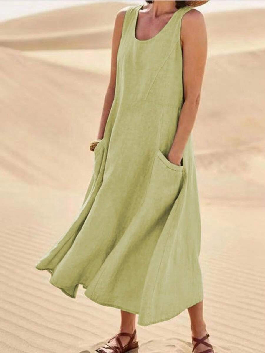 Abiti da donna in cotone e lino, senza maniche, con scollo rotondo, estivi 2025