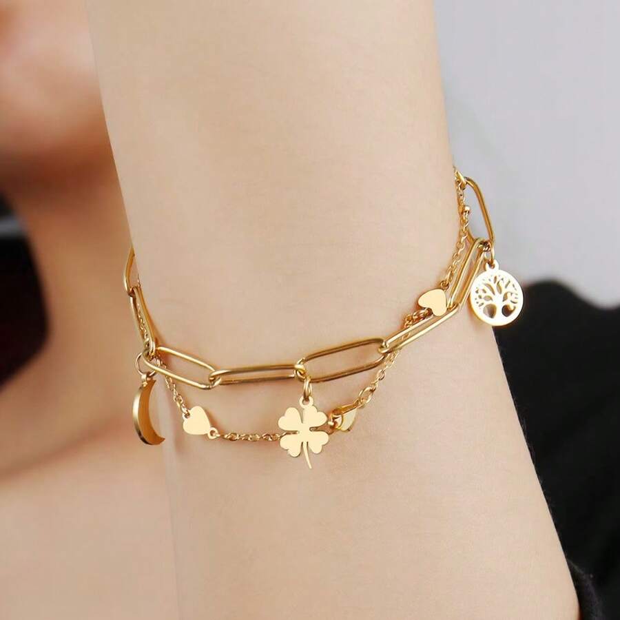 Exportation transfrontalière vers l'Europe et les États-Unis Bracelet minimaliste en acier inoxydable à double couche avec pendentif trefle à quatre feuilles, lune et arbre de vie. Cadeau de bijoux pour femmes pour la famille et les amis