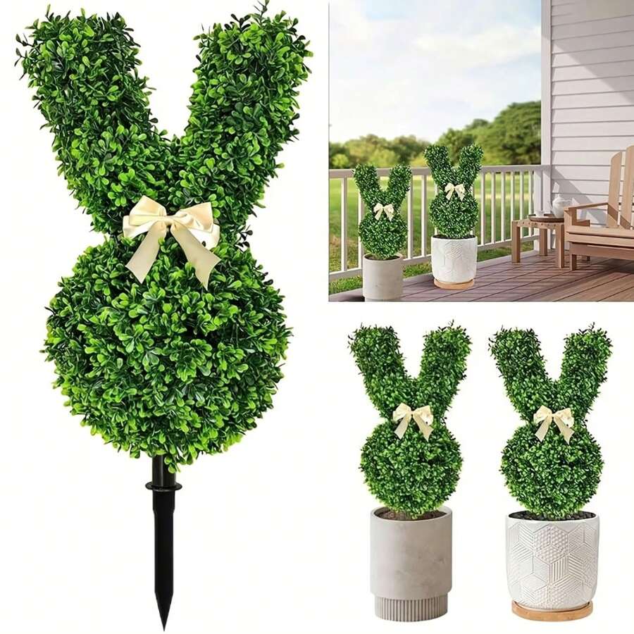 1 peça de topiaria verde esférica de plástico artificial de 21,6" em formato de coelho, planta falsa fofa em formato de coelho com laço de fita, decoração de jardim sem fio para ambientes internos/externos, enfeite de Natal