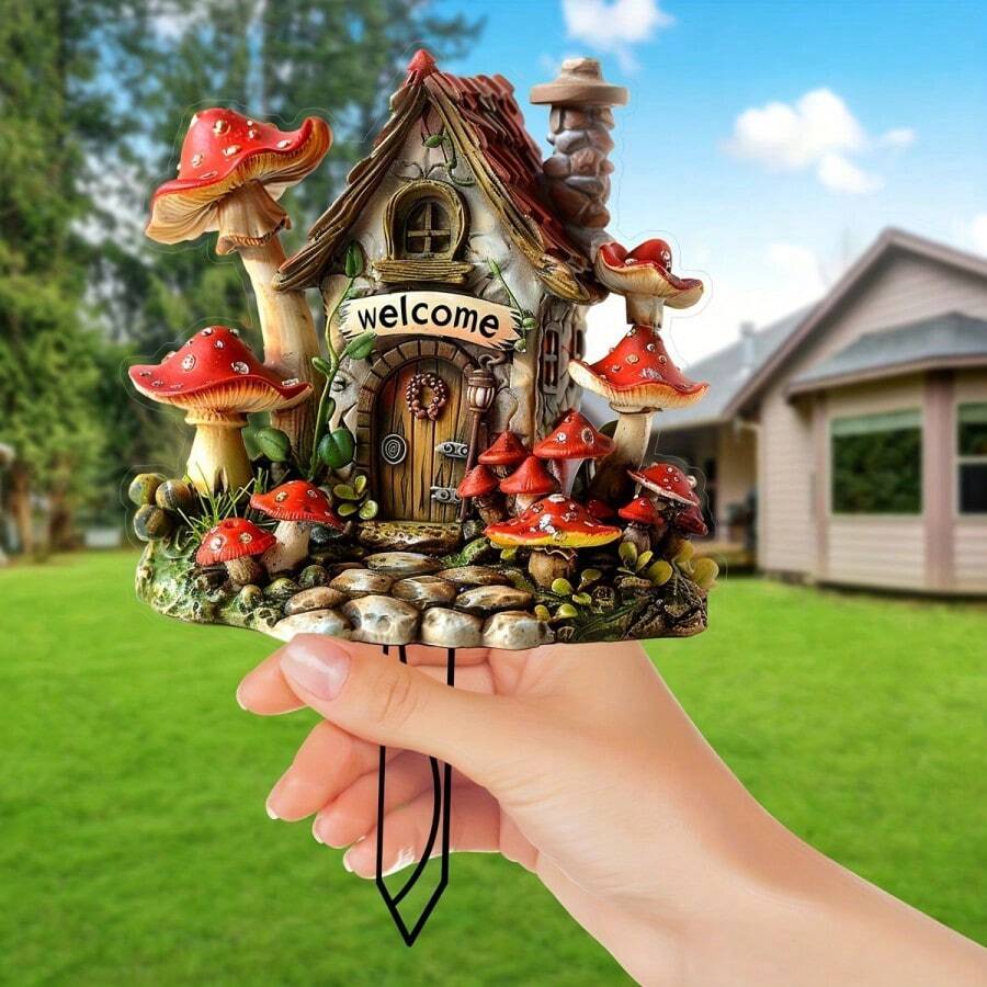 2D flache, nicht 3D Acryl Pilzhaus Garten Schild - Toll für Außen, Rasen, Topfpflanzen und Terrassen Dekoration | Ideales Geschenk und Zubehör | Kratzfest, wasserbeständig | Für alle Jahreszeiten