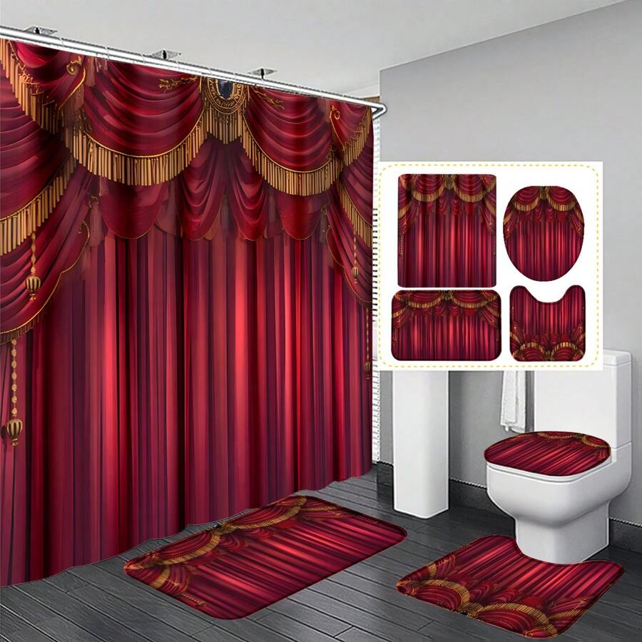 1pc/4pcs Luxury Red European Noble Style Multifunctional Bathroom Waterproof Shower Curtain With 12 Hooks, Anti-Slip Bathroom Mat, U-Shaped Floor Mat And Round Toilet Seat Cover, Full Bathroom Set Bathroom Accessories Back To School