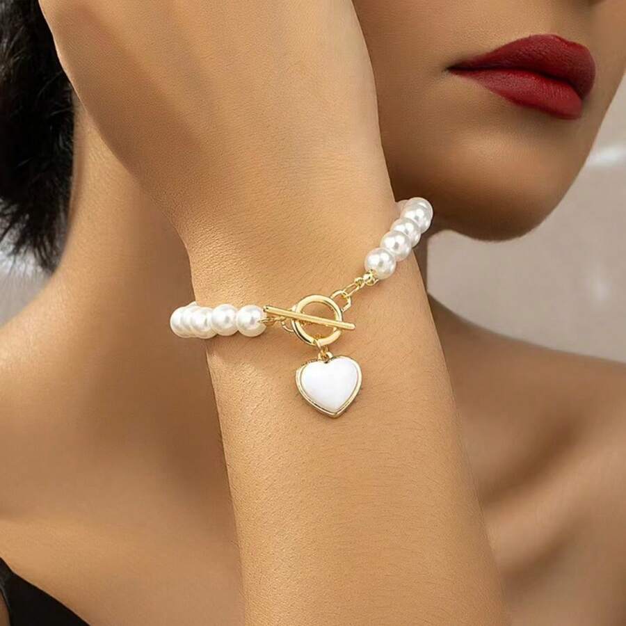 Conjunto de collar y pulsera con perlas con forma de corazón, elegante y de alta gama, con cierre minimalista tipo OT, cadena de clavícula, adecuado para uso diario y fiestas
