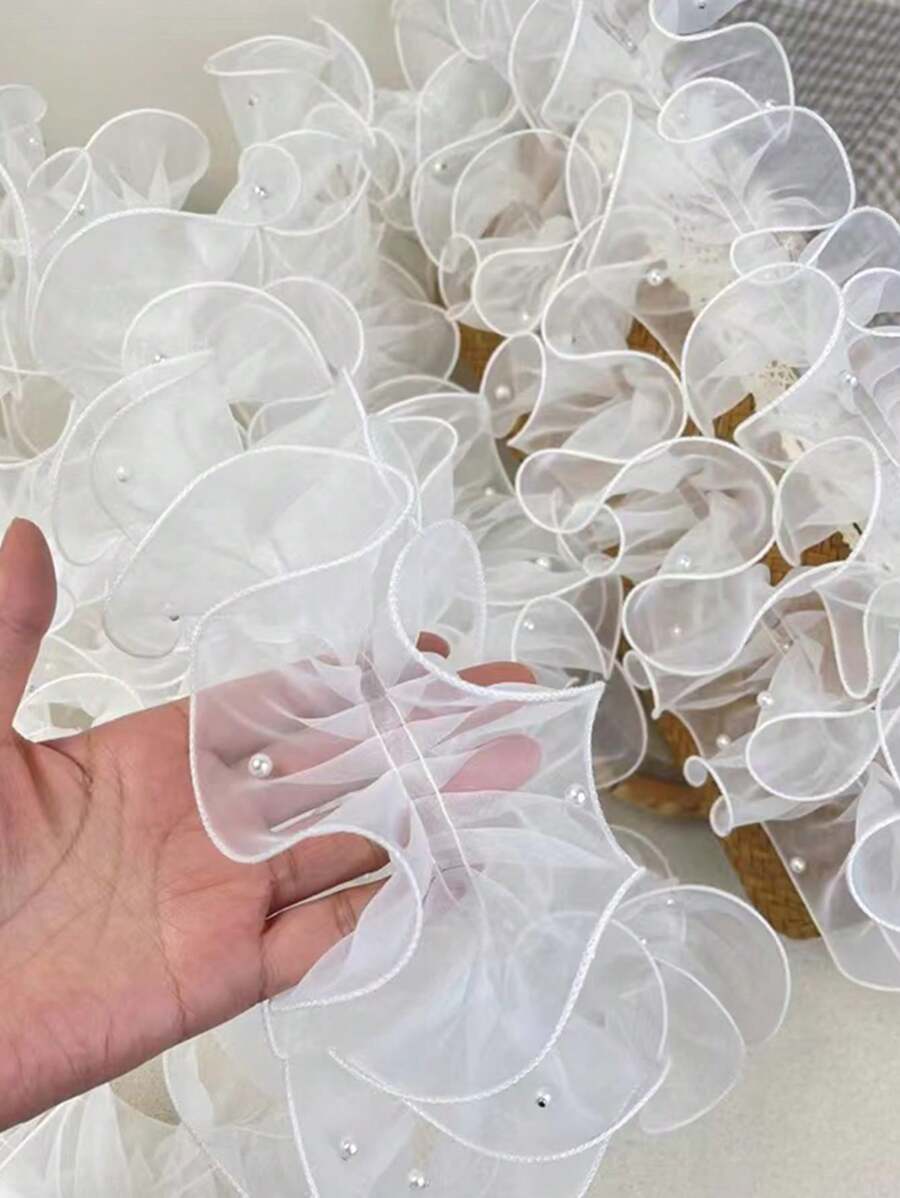 1 rollo/1M 12cm Cinta de encaje de tul plisado denso con cuentas, cinta de satén con diseños florales para manualidades y embalaje, adorno fruncido de organza brillante con perlas
