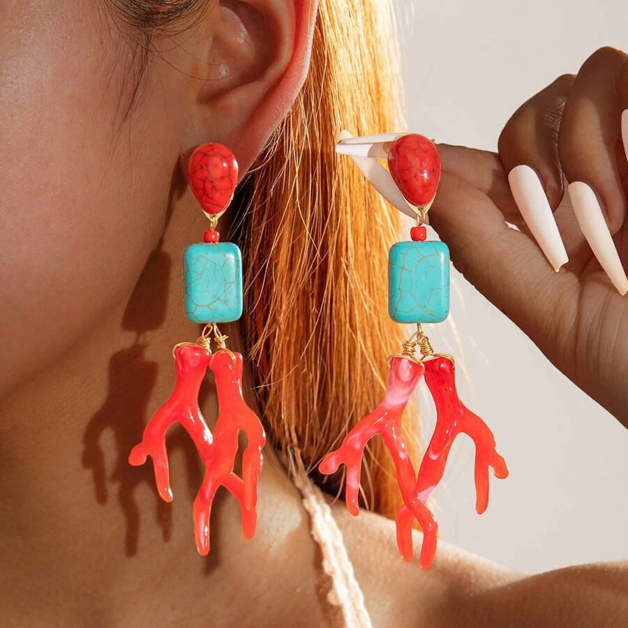 1 par de brincos com pingente de coral acrílico em estilo boêmio com decoração turquesa, joias geométricas da moda para mulheres
