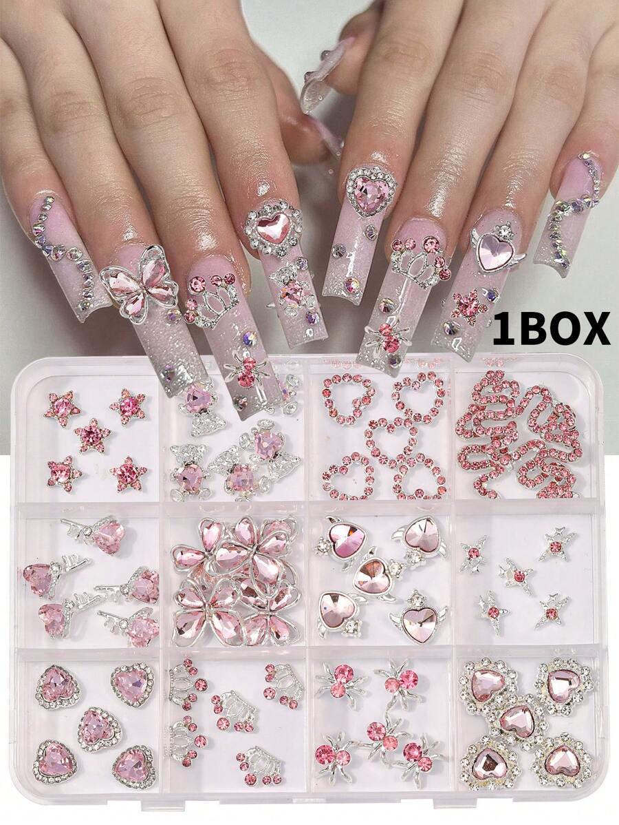1box Cute Nail Drill Pink Heart Magic Wand Nail Jewelry Sets - Nail Art Jewelry Sets And Nail Technique Supplies That Nail Artists Must Have For Women And Girls Diy Glamorous Nail Art Decorations, Explore The Charm Of Nails