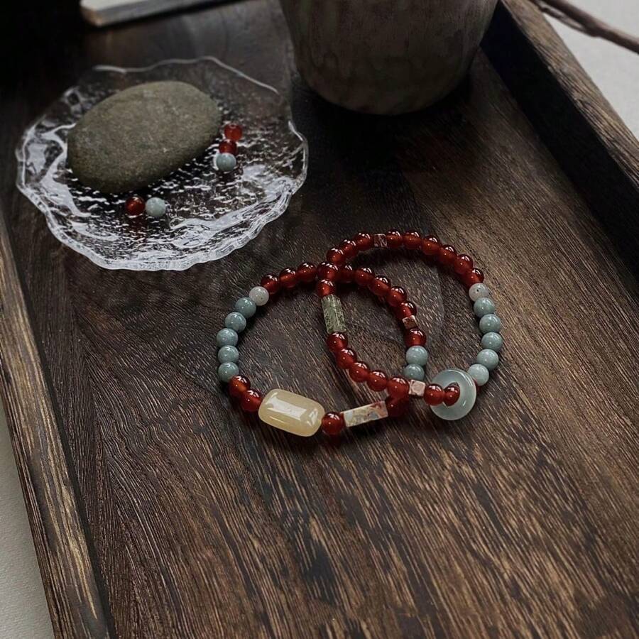 2pcs Chinese Style Minimalist Natural Stone Bracelets, Vintage Niche Design Cool Touch Stacked Bracelets, Women Natural Red Agate Beaded Bracelet, Holiday Gift