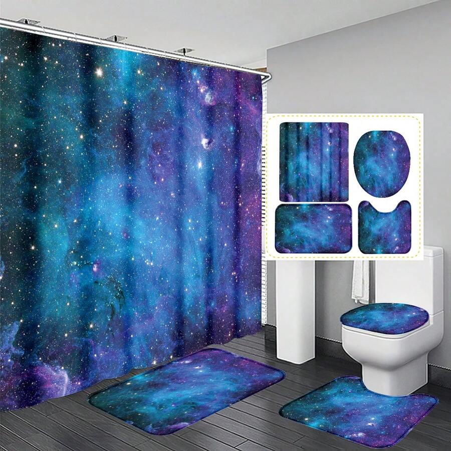 1pc/4pcs Starry Night Sky Print Bathroom Decor Set, Includes Waterproof Shower Curtain With 12 Hooks, Anti-Slip Rug, U-Shaped Mat, Round Toilet Seat Cover, Multi-Functional Bathroom Ensemble Bathroom Accessories Back To School