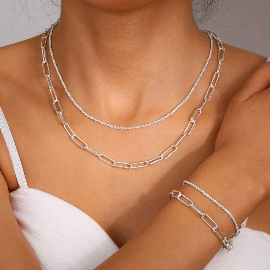 4pcs/Set Simple Copper Chain Bracelet Necklace Set For Women, Perfect For Dates And Vacations
