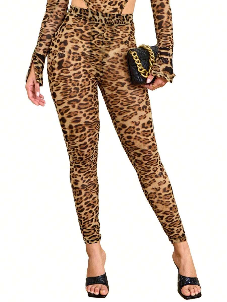 Women's Sexy Sheer Mesh Leopard Long Pant Summer Beach Yoga Workout Skinny Legging Pant