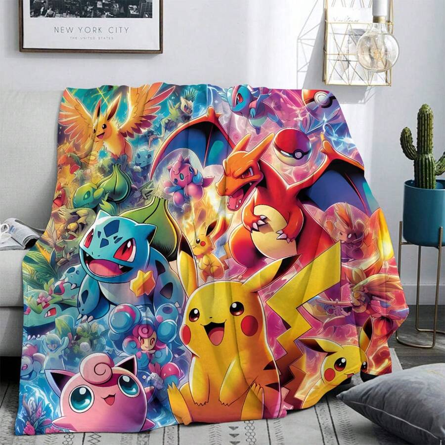 pokemon 1pc Pokemon Flannel Blanket | Made Of Polyester, Comfortable For All Seasons | Suitable For Sofa, Bed, Travel And Camping | Modern Cartoon Design With Pikachu Character | Ideal Gift For Pokemon Fans