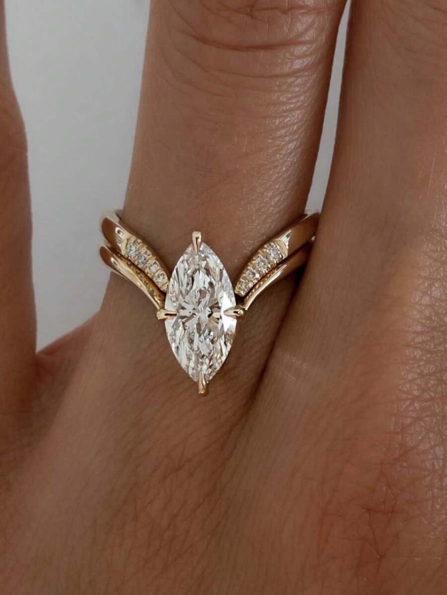 2pcs/Set Minimalist Fashion S925 Silver Embedded 2CT Moissanite V-Shaped Stacking Ring Set For Women, Daily Wear & Gift