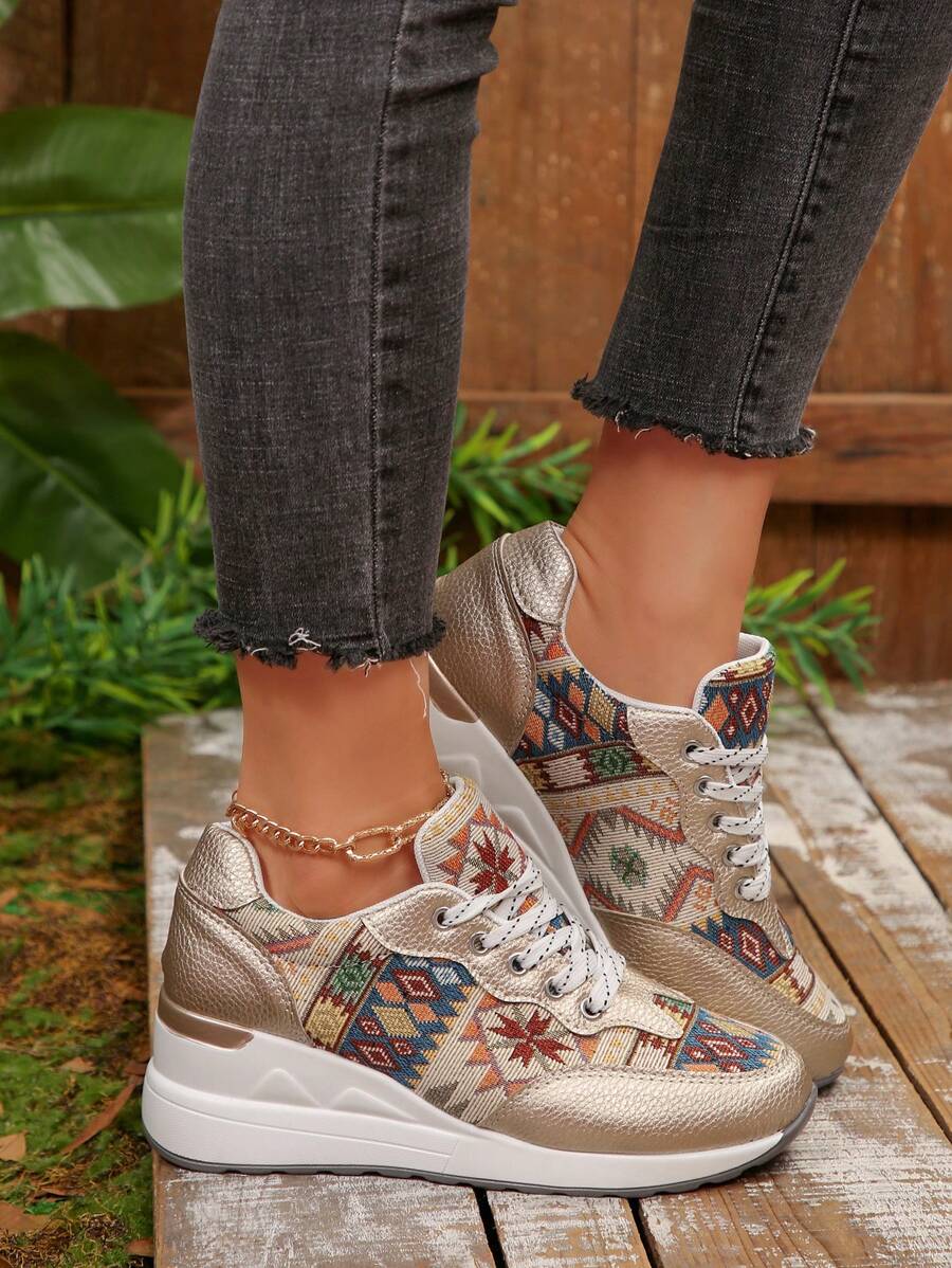 New Bohemia Outdoor Casual Breathable Wedge Platform Sneakers For Plus Size Women, Suitable For Spring & Autumn