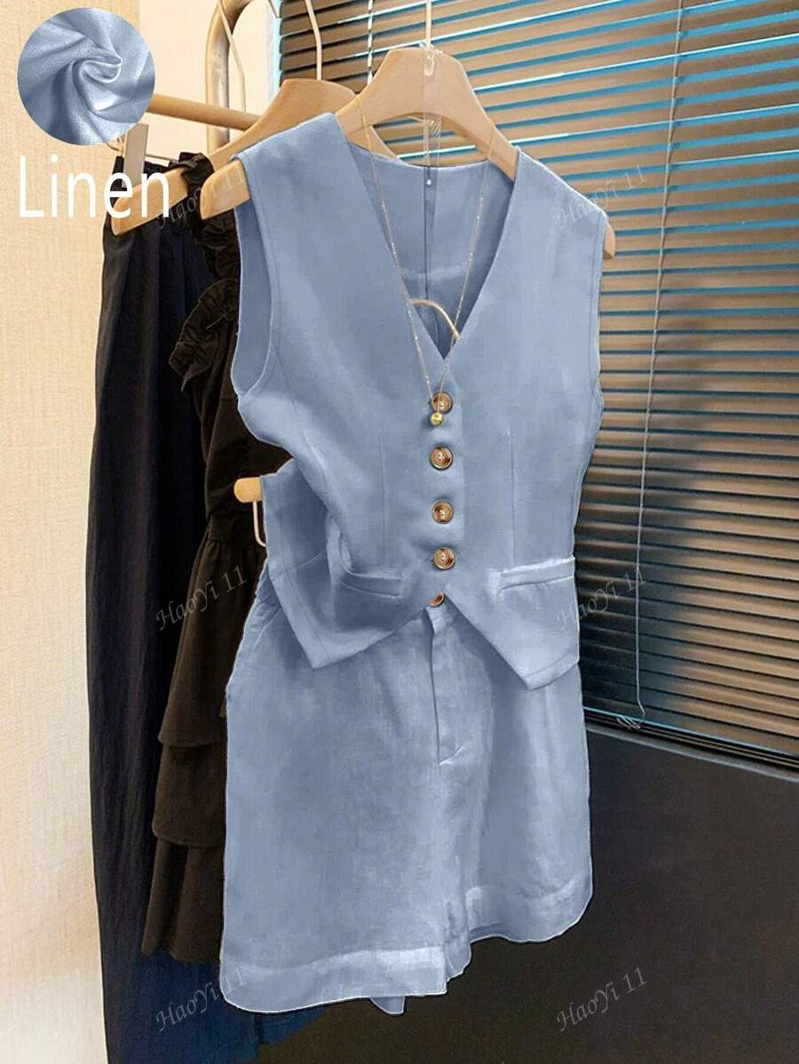 Conjunto de chaqueta y pantalones cortos de lino sin mangas informal/de verano para mujer