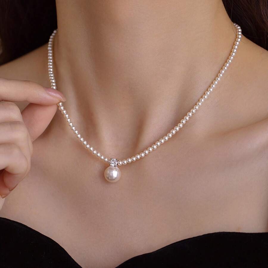 1 pieza Collar de mujer minimalista de perla artificial, diseño único con piedras de circonia, elegante collar de alta gama