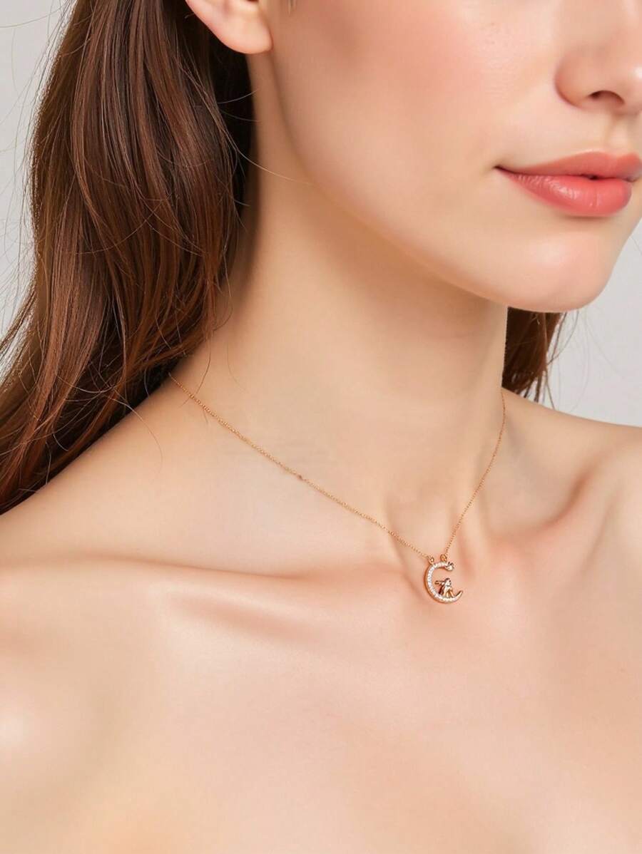 1 Pc Moon & Cute Rabbit Design Necklace, Adorable Nature Style, Starry Rhinestone Decor Animal Pendant Collarbone Chain, Korean Fashion