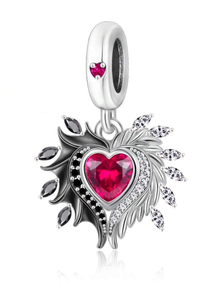 HuooNew Un pendentif romantique en argent sterling 925, orné de cubic zirconia diamants, en forme de cœur, de plumes, d'ailes, en noir et blanc, un bijou pour femmes, un bijou en argent, à porter au quotidien, un cadeau