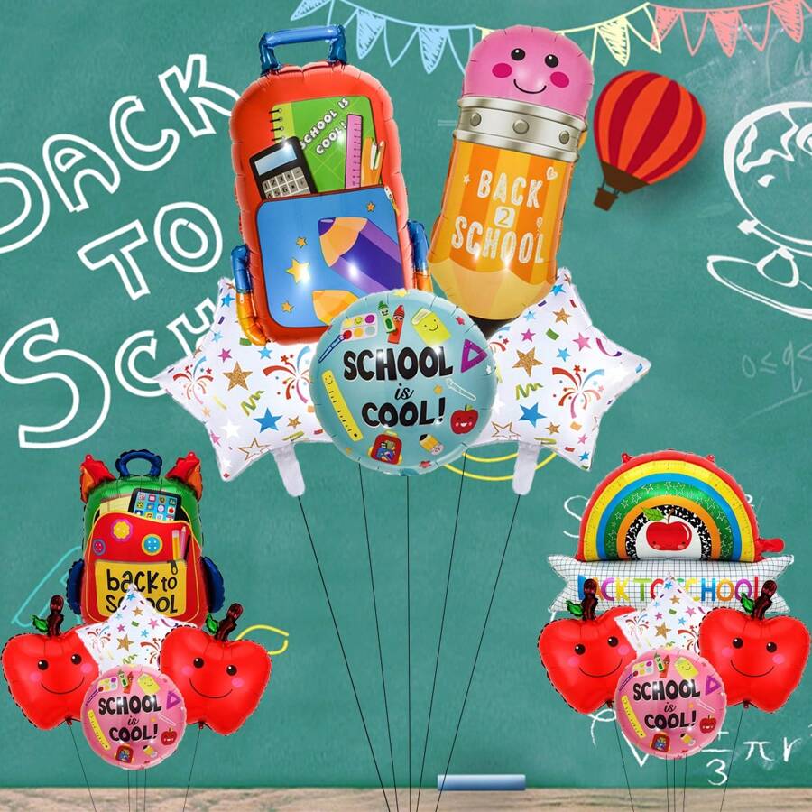 5pcs Back To School Theme Foil Balloons Set, Backpack & Stationery Shape Balloons For Back To School Decorations, Classroom & Campus Decor