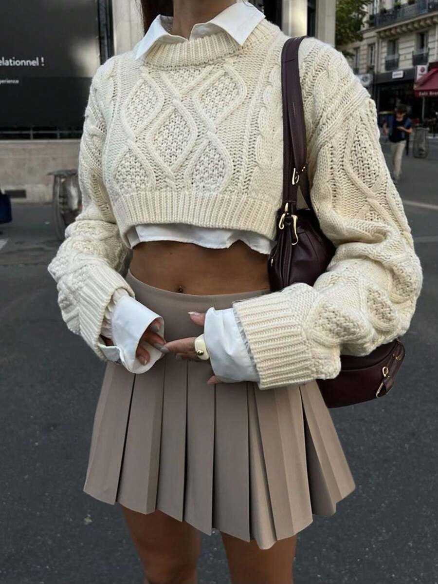 Solid Knit Long Sleeve Crop Top, Crew Neck, Simple & Stylish, Crop Top,Tops For Women,Festival Outfits,Clothes,Going Out Outfits,Crochet Top,Long Sleeve Top