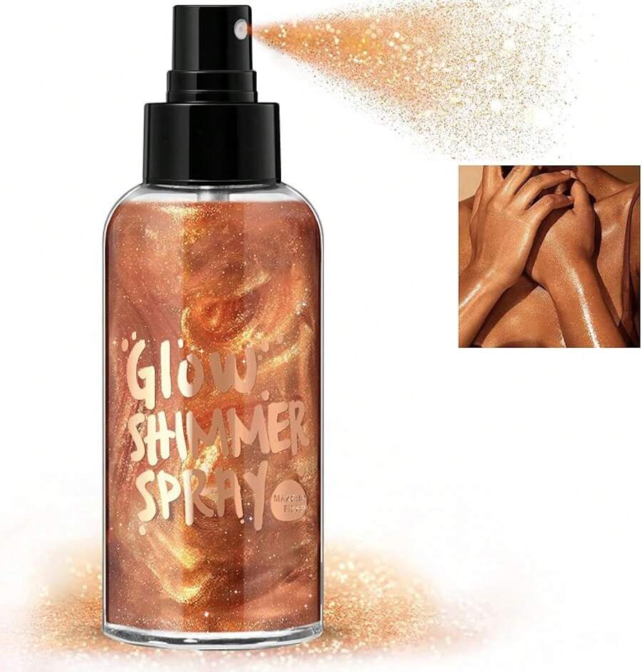 Body Glitter Spray - Bronze Body Shimmer Face, Hair & Body, Moisturizing Luminizer Glow, Quick-Drying Sparkling Glitter Spray Highlighter Makeup (04)