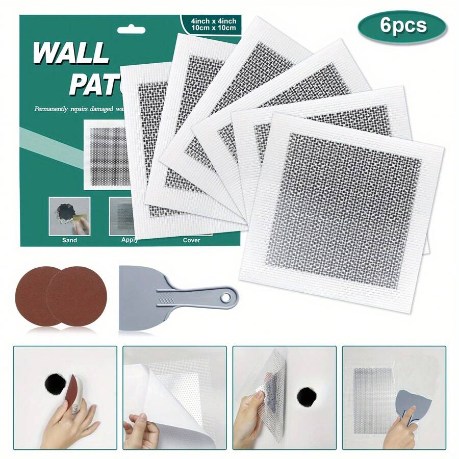 6 Stücke Trockenbau Reparaturset - 10 x 10 cm Aluminium-Mesh Flicken für große Löcher - selbstklebende Wand-Reparaturflicken mit verstärkten Kanten (ohne Schleifen nötig)