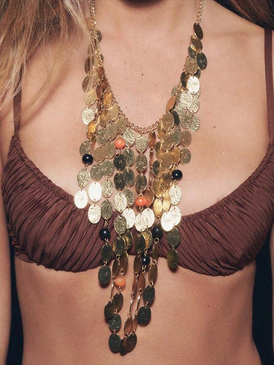 1 pieza Collar de cadena de clavícula con colgante circular geométrico personalizado de metal con borla, estilo lujoso y punk de alta gama para mujer