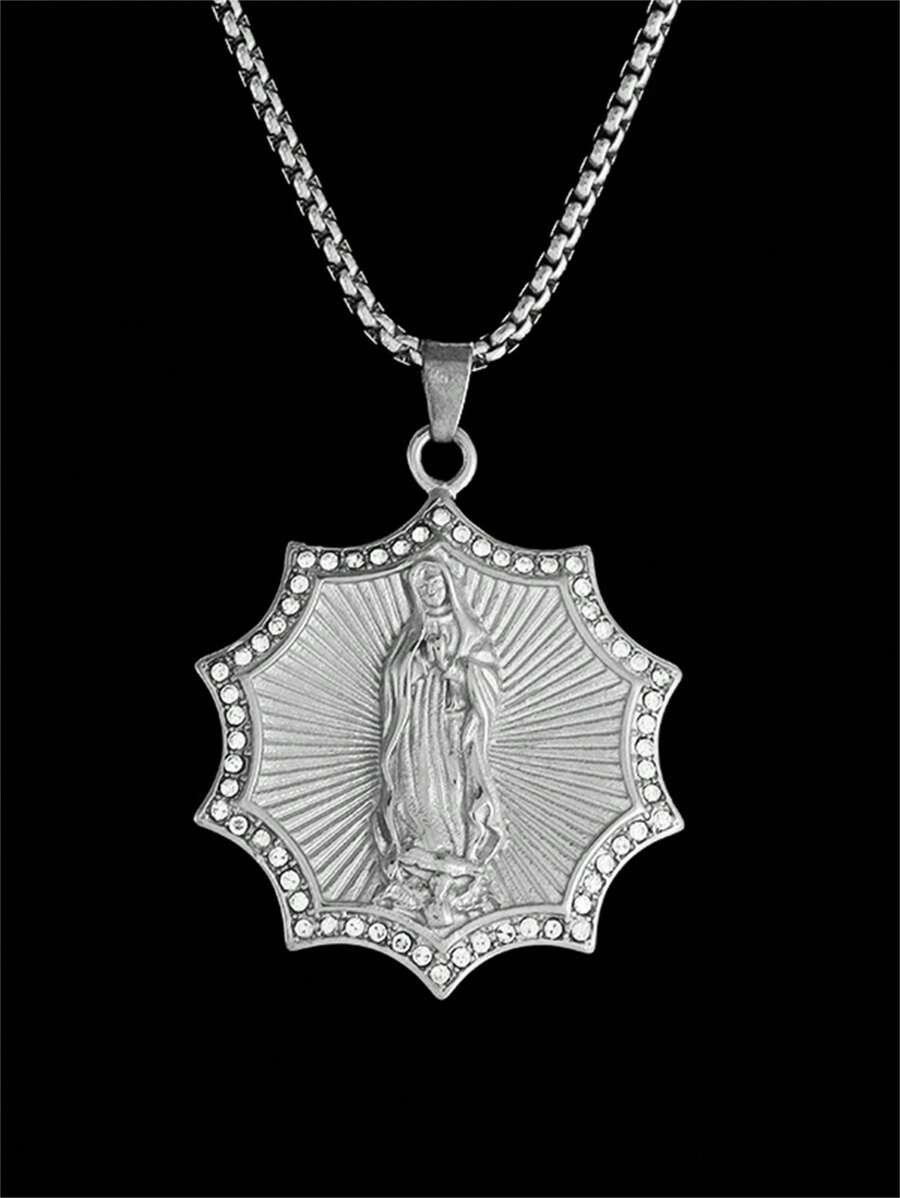 1 pièce Collier pendentif unisexe à la mode en zirconium artificiel chrétien en forme de tournesol de la Vierge Marie, protection du corps et bijou de prière, cadeau
