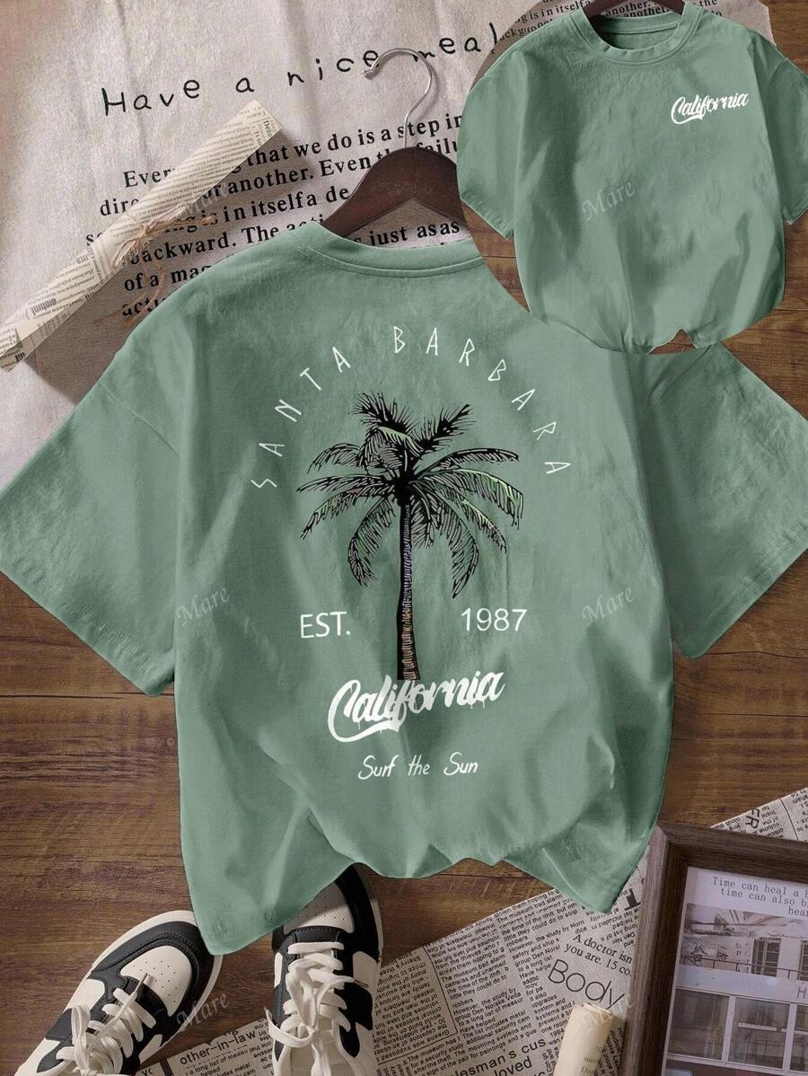 Camiseta de mujer de manga corta y cuello redondo con estampado de palmeras "Vacaciones en la playa de California en verano" de estilo casual