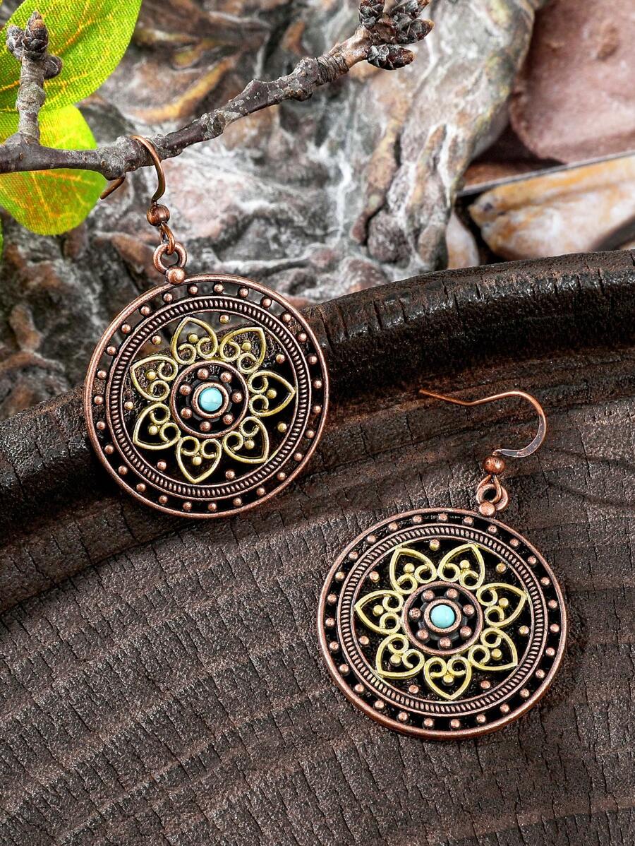 TopHanqi 1 Pair Vintage Bohemian Metal Earrings, Hollow Floral Design With Imitation Turquoise, Suitable For Women Daily Wear, Party Accessory, Commute, Street Style, Versatile, All Seasons