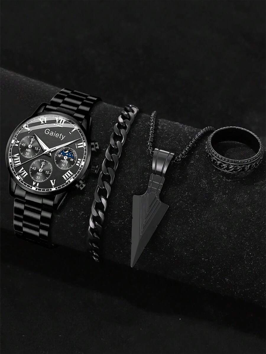 Ensemble de 4 montres à quartz pour homme, bracelet noir, à la mode et simple, cadran à trois yeux, chiffres romains, bracelet, collier, bague, idéal pour un usage quotidien, une décoration ou comme cadeau de vacances.