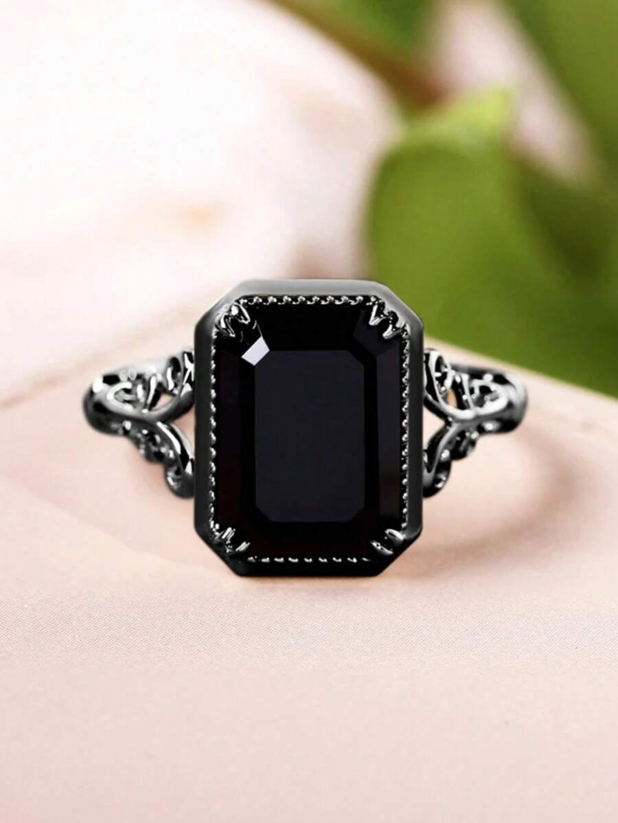 1pc Gothic Black Cubic Zirconia Square Ring, Suitable For Women Everyday Wear