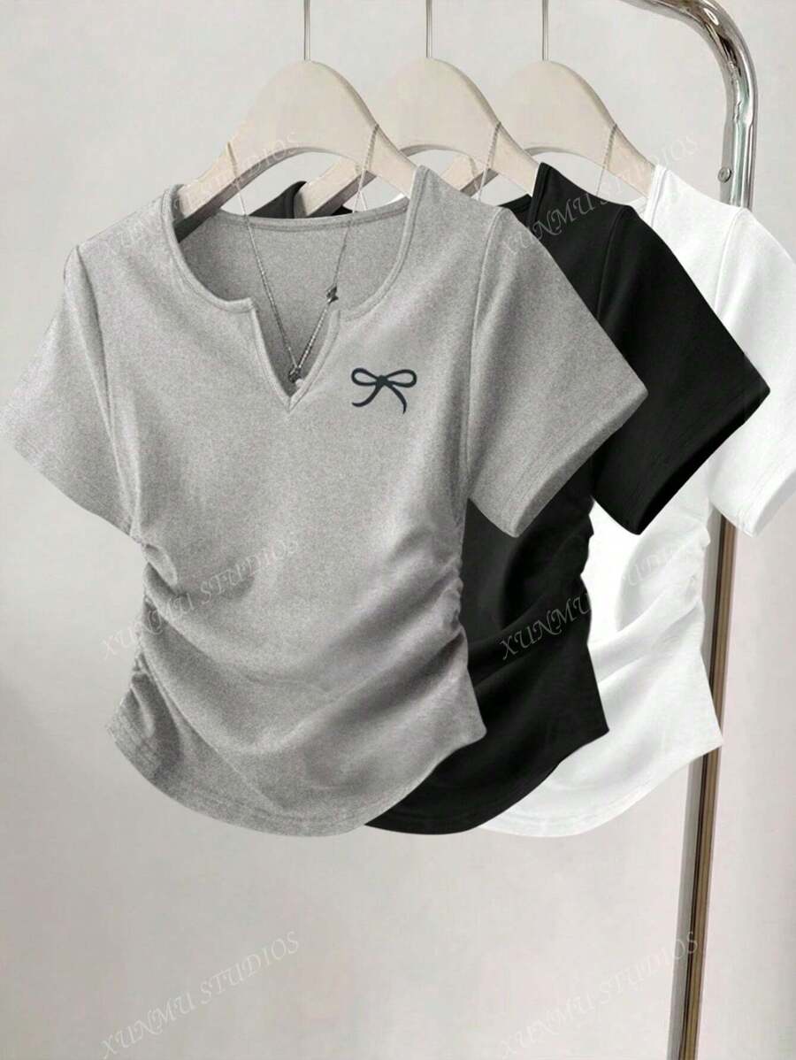 3pcs Women Casual Bowknot Print Detail Minimalist Solid Color Ruched Crew Neck Short Sleeve T-Shirt Top Set