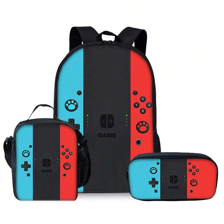 Game Console Pattern Printed Backpack Three Pieces Set (Single-Layer Backpack + Shoulder Strap Lunch Bag + Single-Layer Pencil Bag) School Bag
