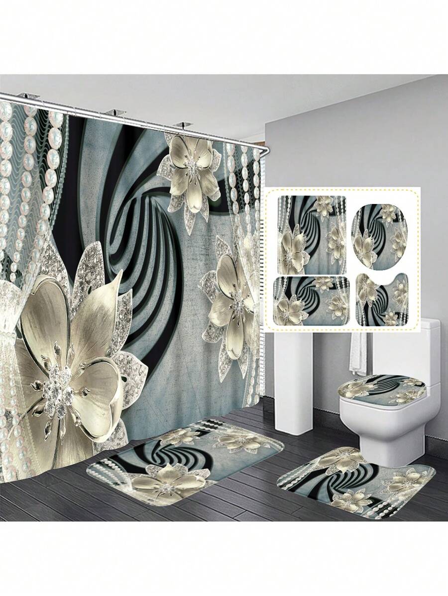 1 pièce/4 pièces Set de décoration de salle de bain multifonctionnel avec fleurs strass - Rideau de douche avec 12 crochets, tapis de bain, tapis en forme de U, couvercle de toilette rond, convient à tous les environnements de salle de bain, retour à l'école