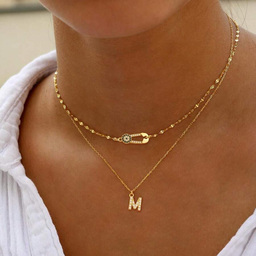2Pcs/Set Classic Pave Zirconia Eye Paper Clip Initial Pendants Golden Stainless Steel Lip Chain Layered Necklaces For Women