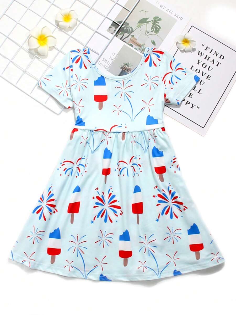 Young Girl Stretchy American Style Ice Cream & Fireworks Print Short Sleeve Dress Summer Gift, Independence Day, Party