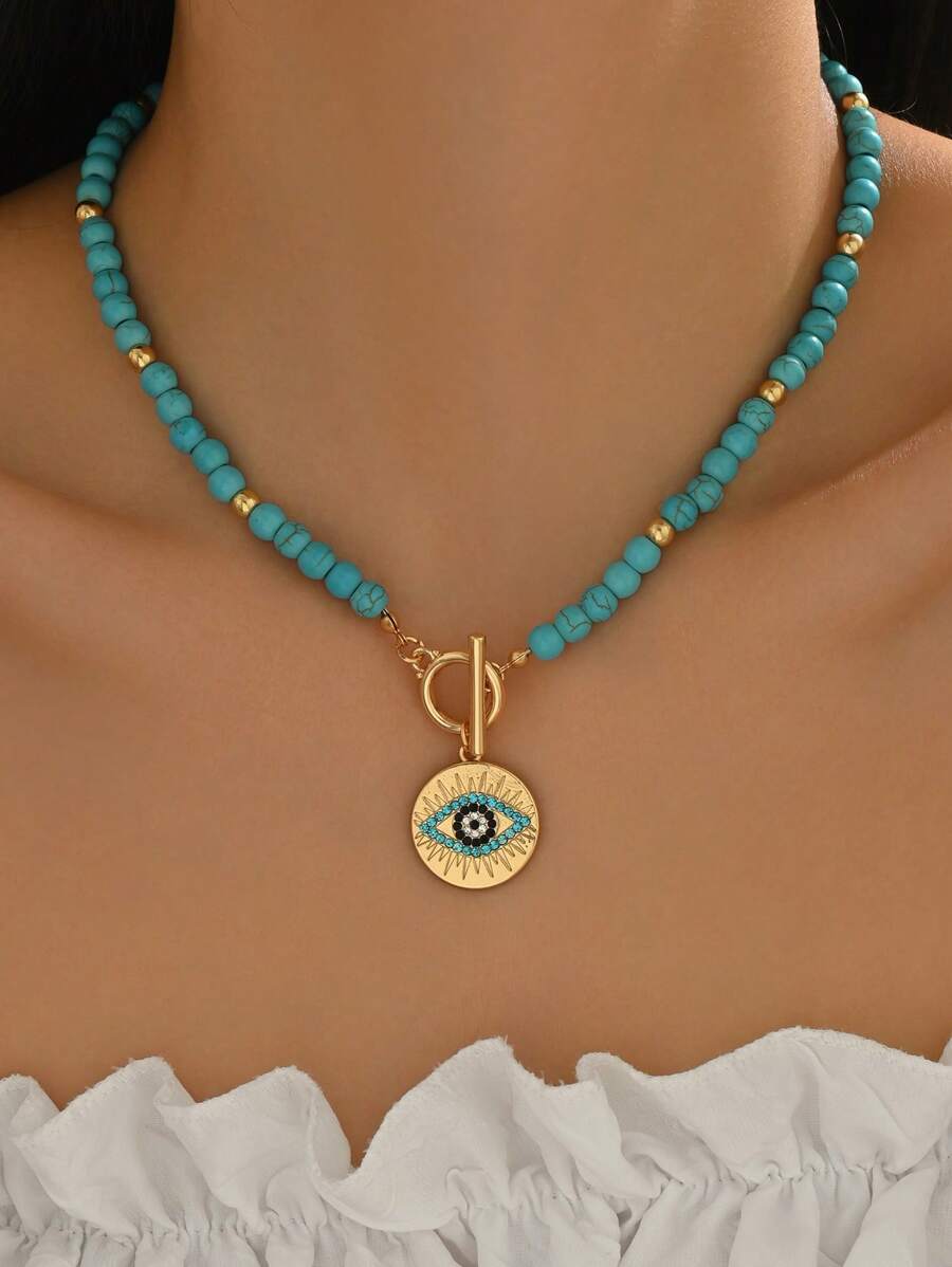 1 pièce Collier fait main avec perles de turquoise, pendentif Ras-du-cou à l'œil de diable créatif, design personnalisé, convient pour un port quotidien, séances photo, soirées