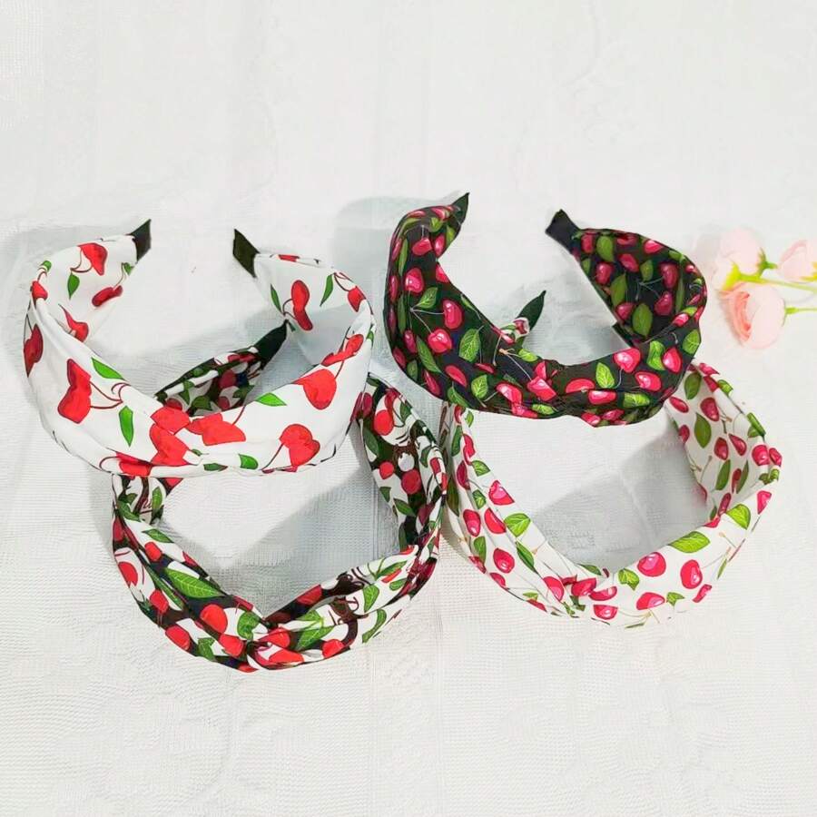 Set de 4 diademas de tela con decoración de cerezas y bordes anchos, lindas y minimalistas para uso diario y días festivos, verano, diademas para mujeres, accesorios para el cabello, diademas, aros para el cabello