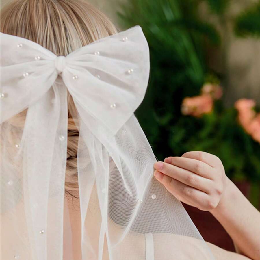 1 Peça Véu de Noiva com Decoração de Pérolas Falsas e Laço, Acessório de Festa de Casamento Feito à Mão com Contas, Presente do Dia dos Namorados