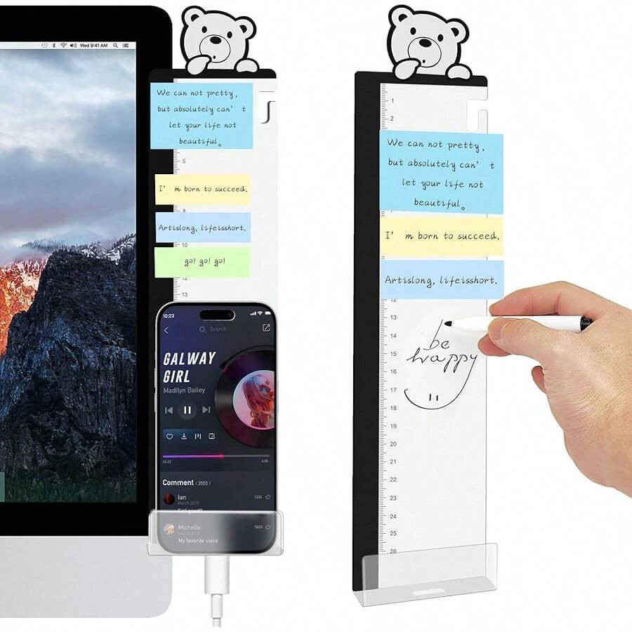 Office Desk Accessories 2pcs Monitor Memo Board Computer Message Board - Computer Side Panel Memo Creative Monitor Side Panel With Phone Holder Suitable For Office Home Desktop (With Grease Pencil)