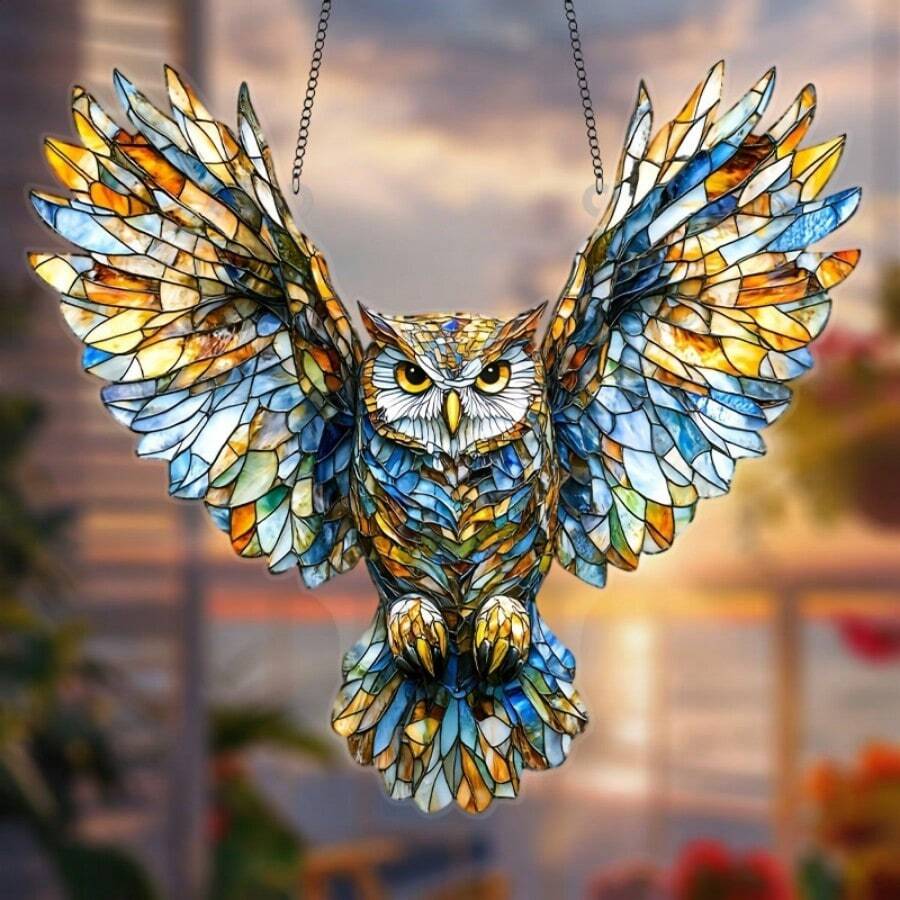 1pc Colorful Owl Sun Catcher - Animal Themed Stained Glass Hanging Ornament For Home & Office Wall Decor, Ideal Gift For Women, Men, Best Friends, Anniversaries, Holiday Decorations - Plastic, Christmas Suitable, 6.7" X 8"