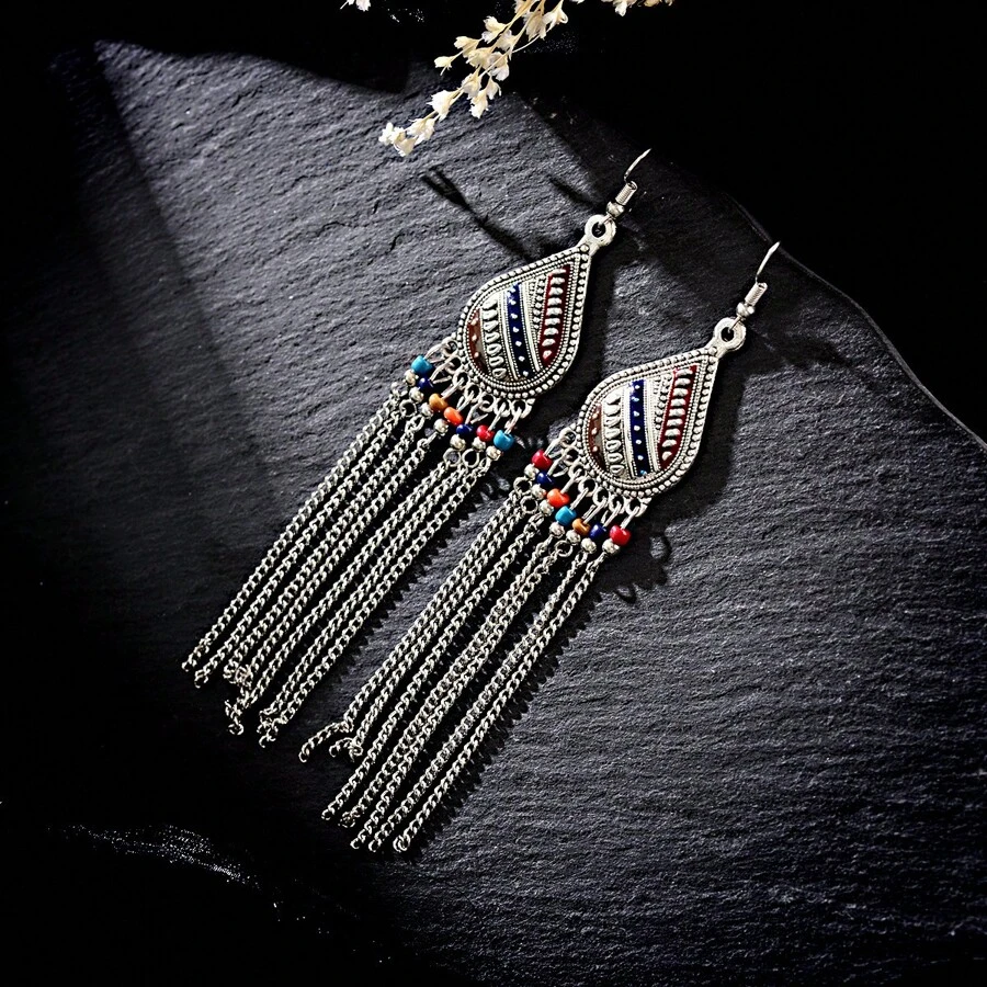 A Pair Of Retro Style Teardrop Tassel Pattern Painted Oil Drop Earrings For Women, Multicolor