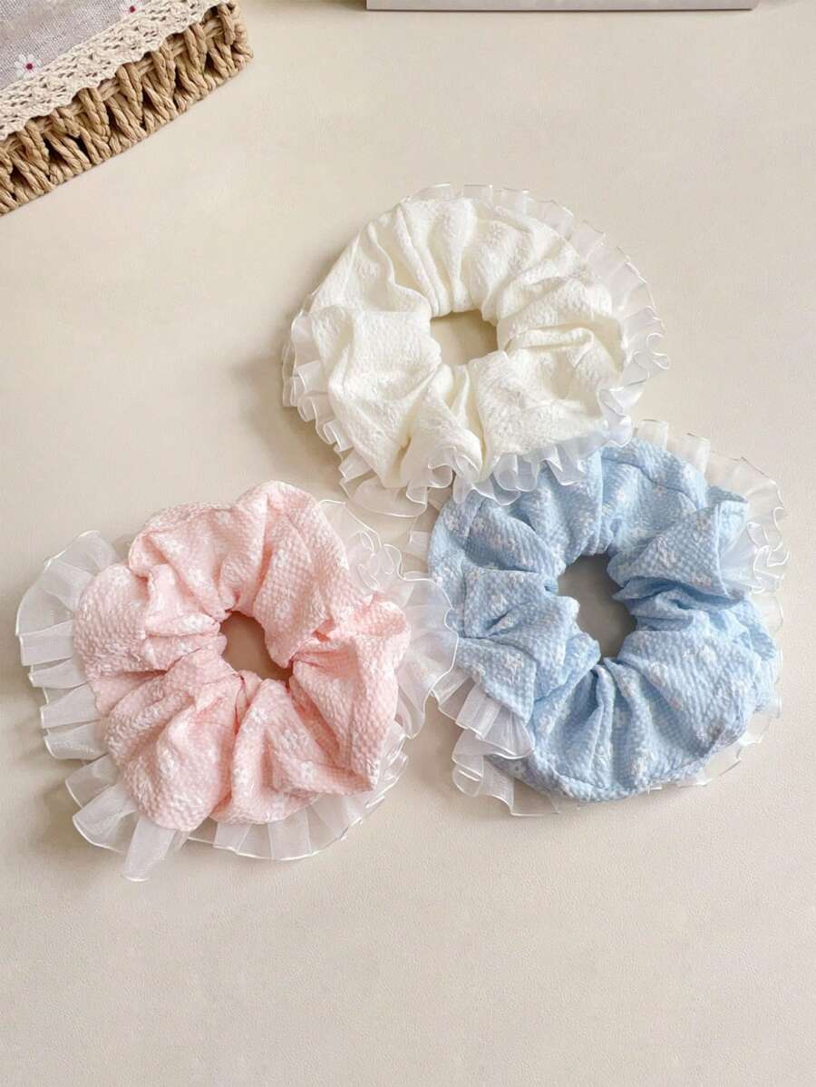 1pc Vintage Ditsy Floral Lace Trim Hair Scrunchie, Elegant Bun/Ponytail Hair Tie, Sweet Hair Accessory