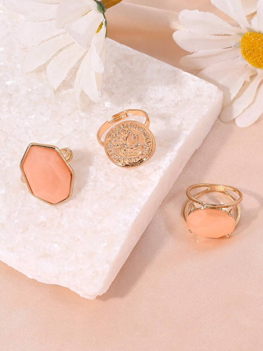 Conjunto de 3 anéis de retrato feminino com pedras preciosas incrustadas em estilo boêmio, design empilhável, adequado para mulheres que se deslocam diariamente, casual, para festas, um presente perfeito para ela, para todas as estações