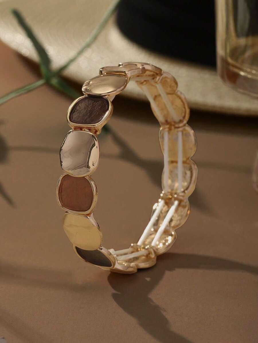 Elegant Vintage Minimalist Style Elastic Zinc Alloy Bracelet For Women - KC Gold Plated Oval Glossy & Matte Design, Versatile For Daily Wear, Formal Events, Sophisticated Gift