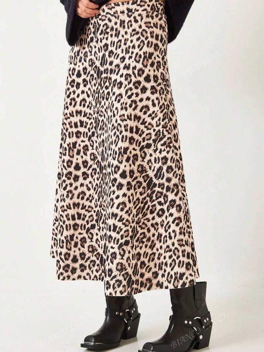 Gonna a ruota midi lunga con stampa leopardata per donna