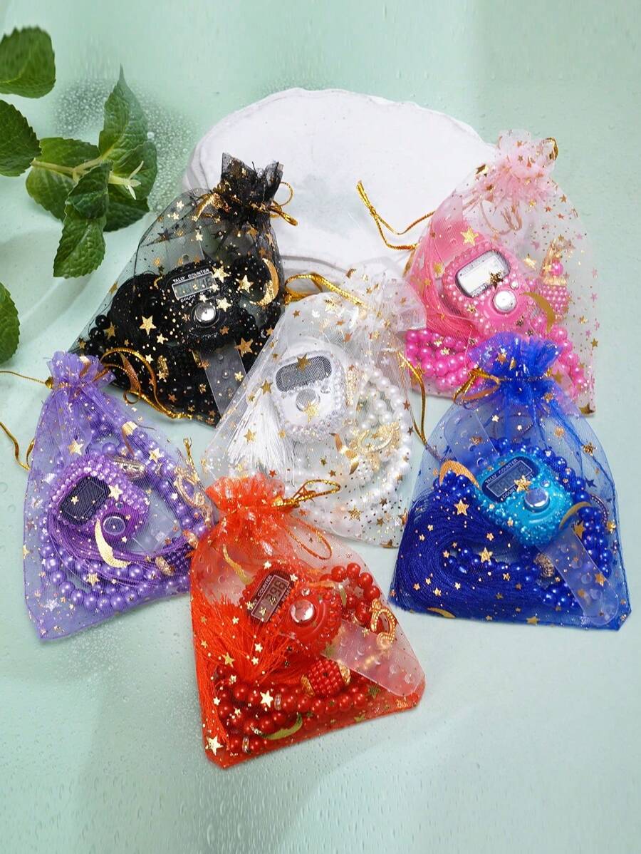 Juego de rosario musulmán y pulsera Tasbih empaquetado en una bolsa de regalo, con contador de anillo de diamante para mano