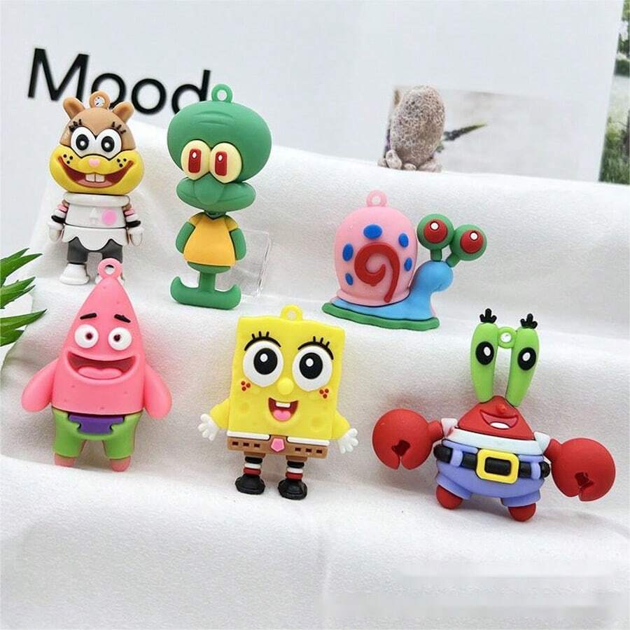 SPONGEBOB 6 piezas Lindo muñeco llavero del personaje animado Bob Esponja, colgante de mochila, regalo perfecto para parejas o fiestas (estilo aleatorio)