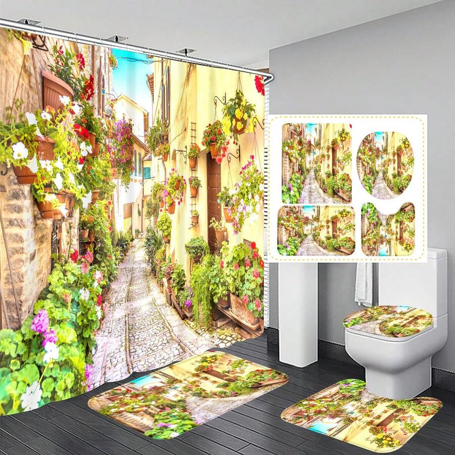 1pc/4pcs Street View Pattern Bathroom Accessory Set Include Waterproof Shower Curtain With 12 Hooks, Non-Slip Bath Mat, U-Shaped Toilet Mat And Closed Toilet Seat Cover, Multipurpose Bathroom Decor Set Bathroom Accessories Back To School